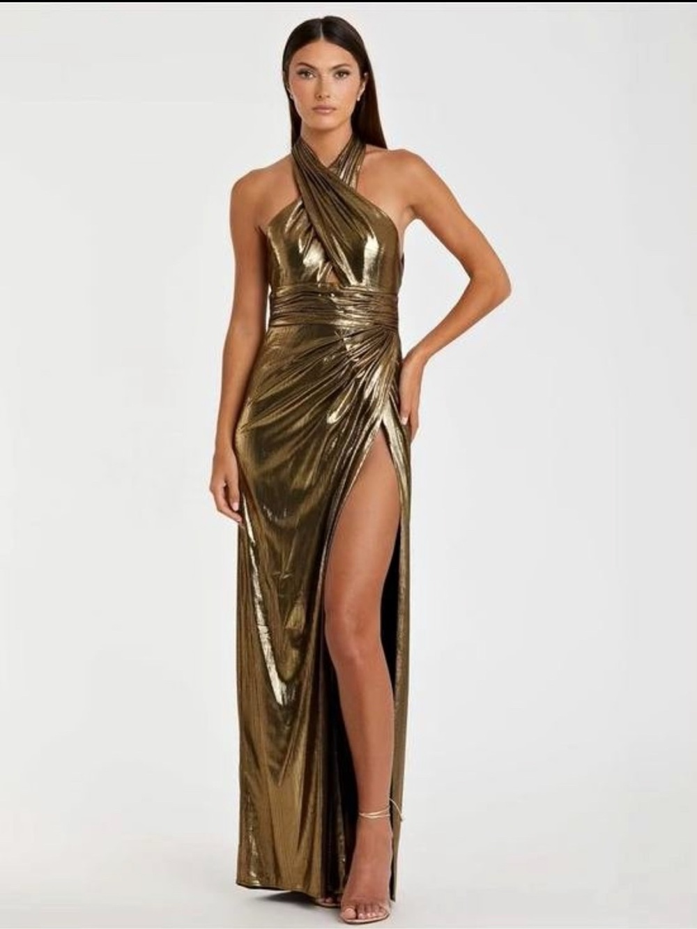Mac Duggal Metallic Gold Cross-Halter Ruched Gown with High Slit